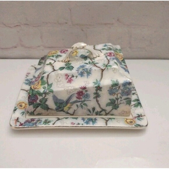 Royal Tudor Ware Barker Bros England Covered Butter Dish Bluebirds & Flowers - Picture 2 of 12